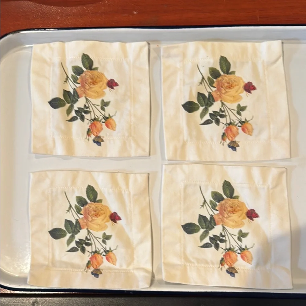 Coasters Naptins Set of 4 Cream and Yellow with Yellow Roses & Butterflies